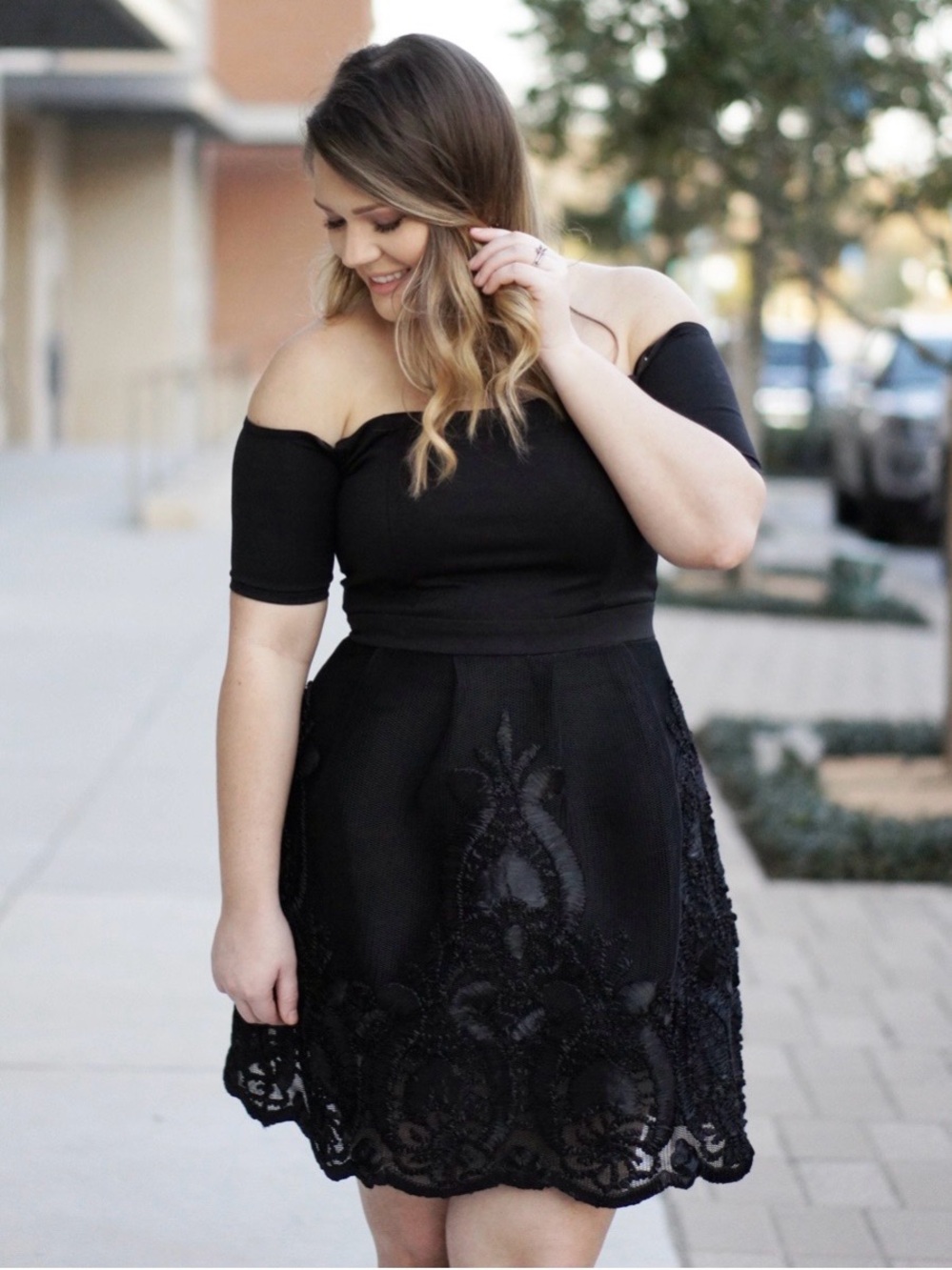 Francesca’s Off-the-Shoulder Black Lace A-Line Dress